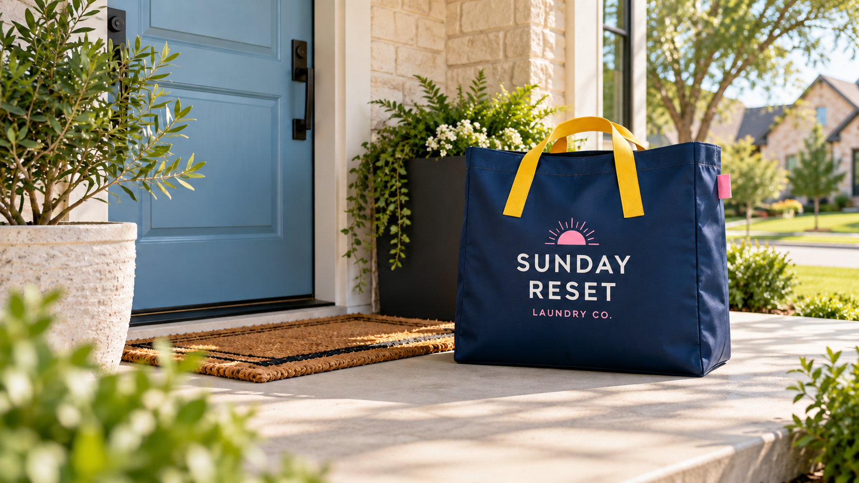 Freshly folded laundry waiting at a sunny Longview doorstep